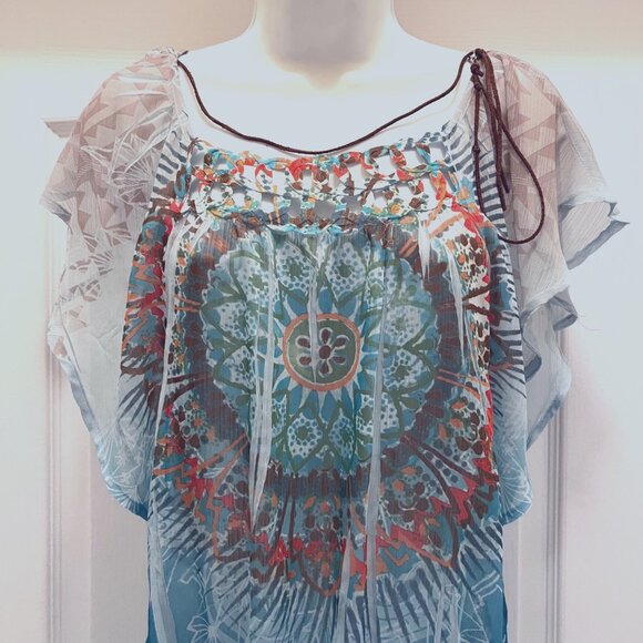 Bongo-Women's Sheer Short Flowy Sleeves Top-Necklace Built in-Med-Blue Boho - Picture 3 of 16